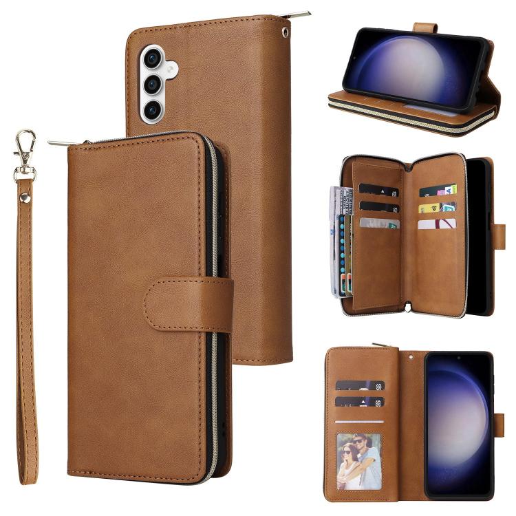 

For Samsung Galaxy S25 FE 5G 9-Card Slots Zipper Wallet Bag Leather Phone Case(Brown)