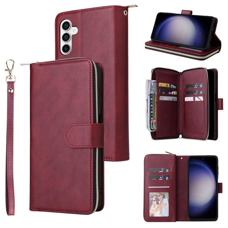 

For Samsung Galaxy S25 FE 5G 9-Card Slots Zipper Wallet Bag Leather Phone Case(Wine Red)
