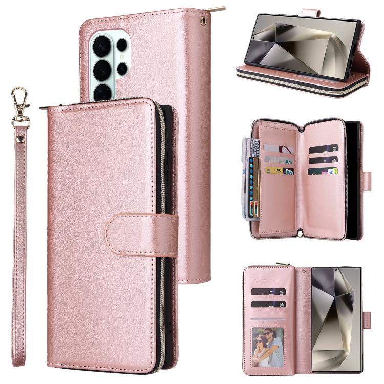 

For Samsung Galaxy S26 Ultra 5G 9-Card Slots Zipper Wallet Bag Leather Phone Case(Rose Gold)