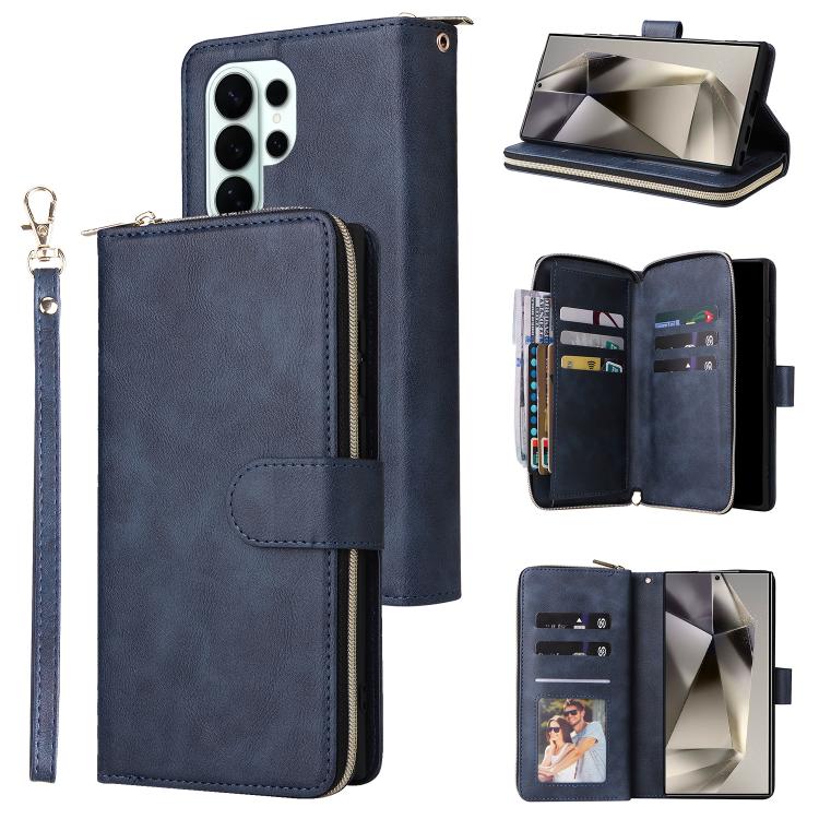 

For Samsung Galaxy S26 Ultra 5G 9-Card Slots Zipper Wallet Bag Leather Phone Case(Blue)