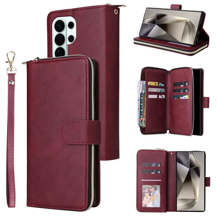 For Galaxy S26 Ultra 5G 9-Card Slots Zipper Wallet Bag Leather Phone Case(Wine Red)