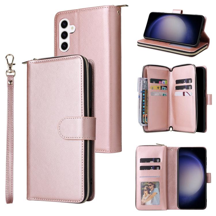 For Galaxy S26+ 5G 9-Card Slots Zipper Wallet Bag Leather Phone Case(Rose Gold)
