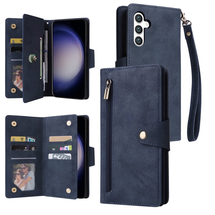 

For Samsung Galaxy S25 5G Rivet Buckle 9 Cards Three Fold Leather Phone Case(Blue)
