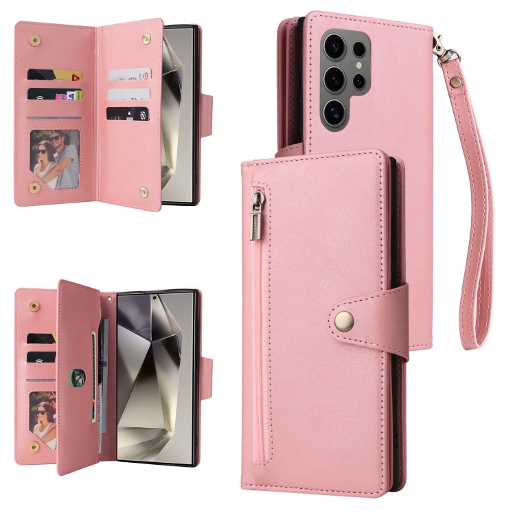 

For Samsung Galaxy S25 Ultra 5G Rivet Buckle 9 Cards Three Fold Leather Phone Case(Rose Gold)
