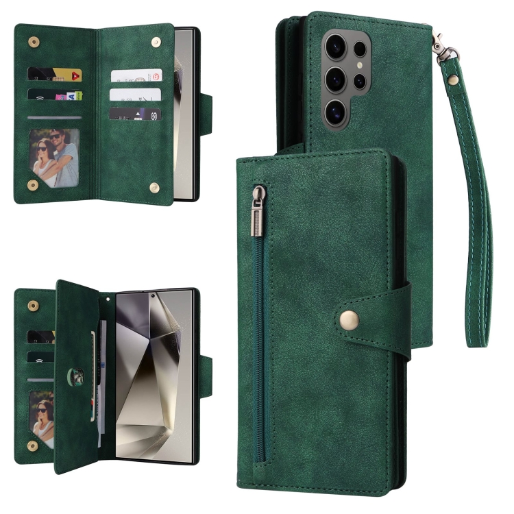 

For Samsung Galaxy S25 Ultra 5G Rivet Buckle 9 Cards Three Fold Leather Phone Case(Green)