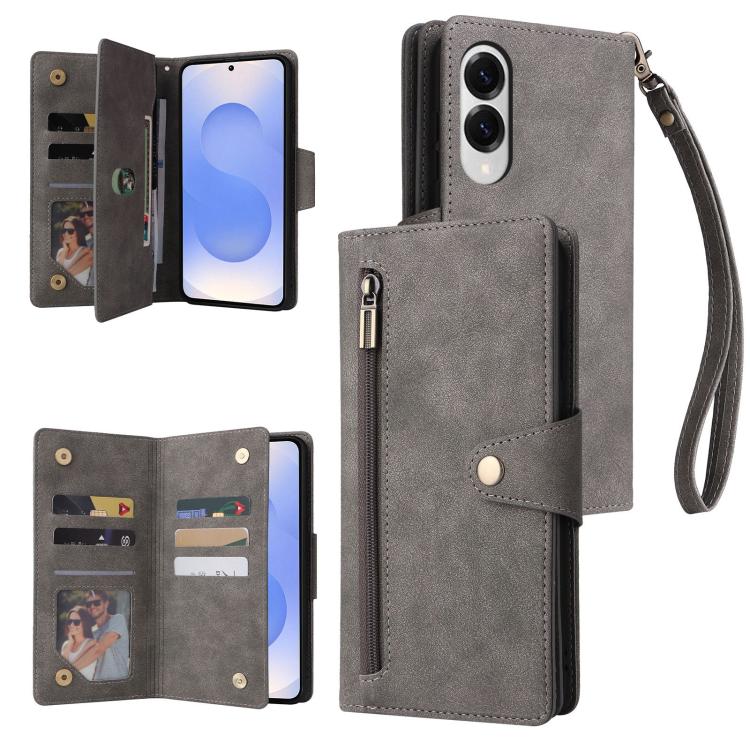 

For Samsung Galaxy S25 Edge 5G Rivet Buckle 9 Cards Three Fold Leather Phone Case(Grey)