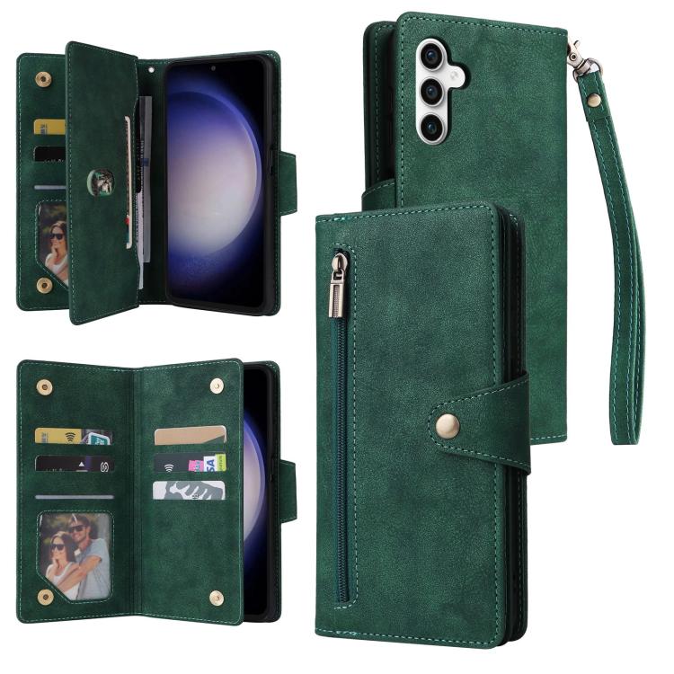 

For Samsung Galaxy S25 FE 5G Rivet Buckle 9 Cards Three Fold Leather Phone Case(Green)