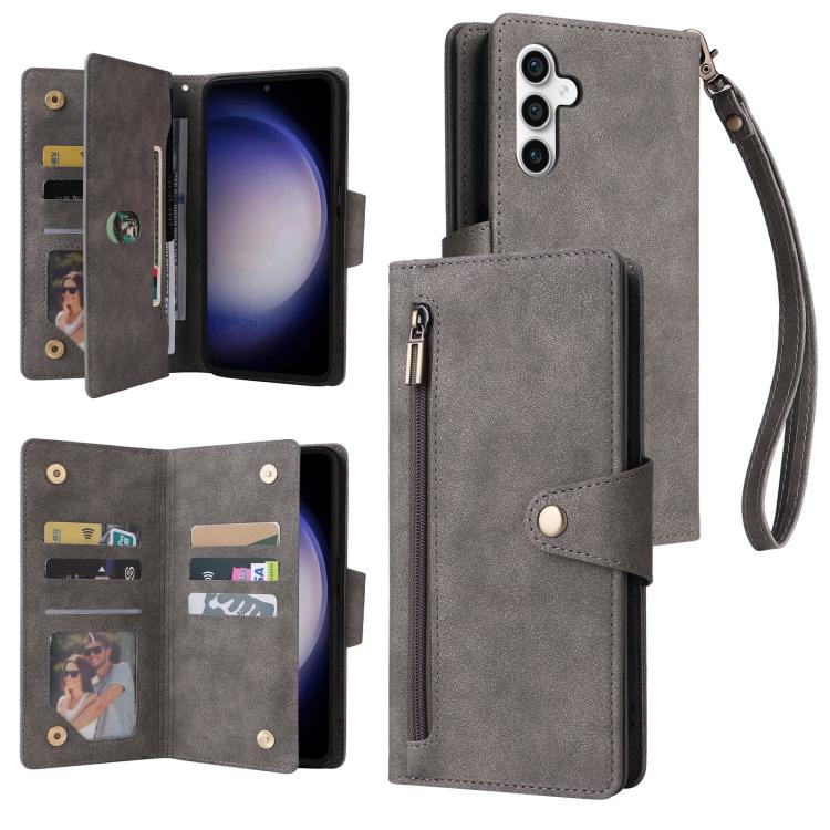

For Samsung Galaxy S25 FE 5G Rivet Buckle 9 Cards Three Fold Leather Phone Case(Grey)