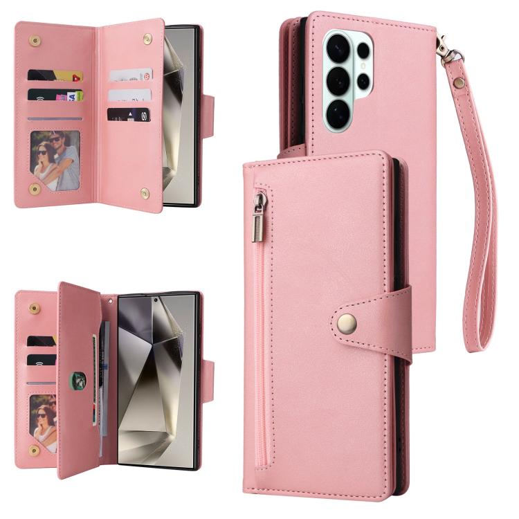 For Samsung Galaxy S26 Ultra 5G Rivet Buckle 9 Cards Three Fold Leather Phone Case(Rose Gold)