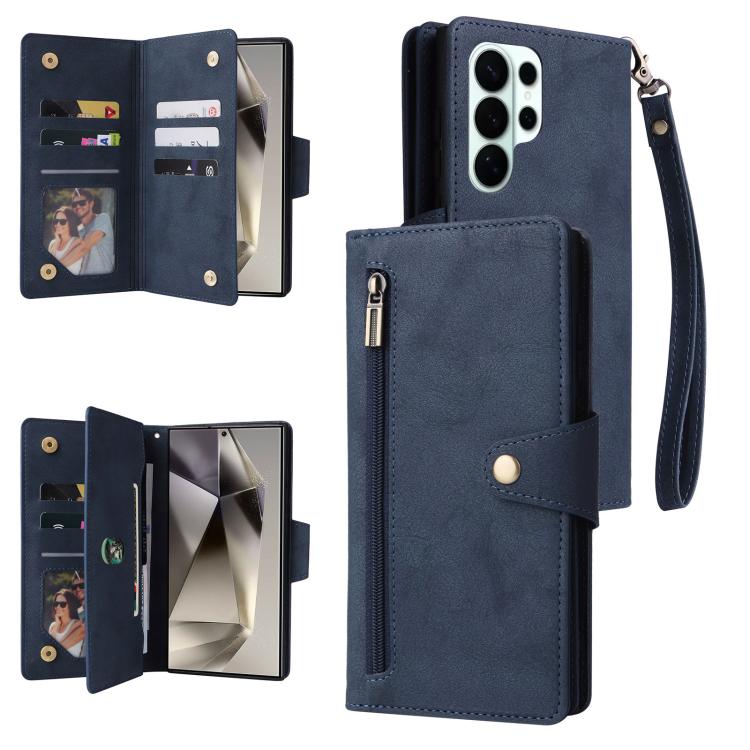 

For Samsung Galaxy S26 Ultra 5G Rivet Buckle 9 Cards Three Fold Leather Phone Case(Blue)