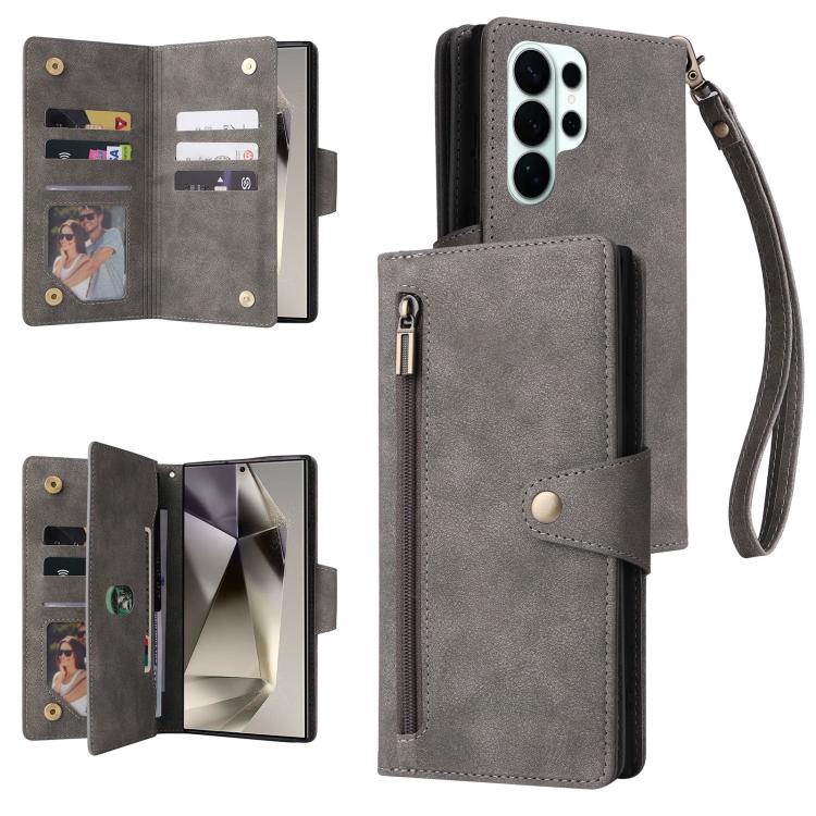 

For Samsung Galaxy S26 Ultra 5G Rivet Buckle 9 Cards Three Fold Leather Phone Case(Grey)