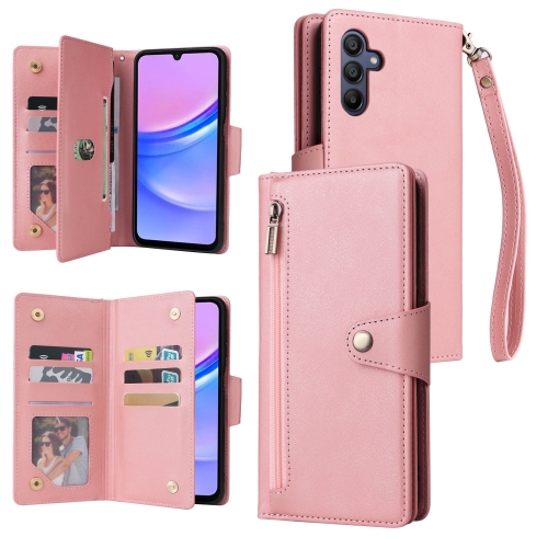 

For Samsung Galaxy A16 5G Rivet Buckle 9 Cards Three Fold Leather Phone Case(Rose Gold)