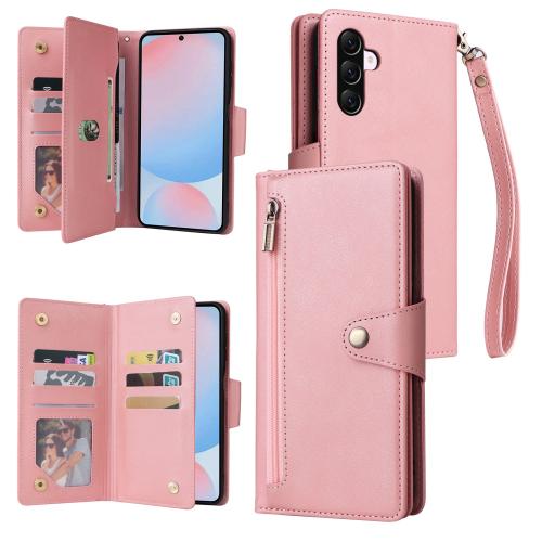 

For Samsung Galaxy A56 5G Rivet Buckle 9 Cards Three Fold Leather Phone Case(Rose Gold)