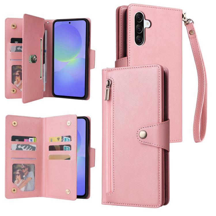 

For Samsung Galaxy A37 5G Rivet Buckle 9 Cards Three Fold Leather Phone Case(Rose Gold)