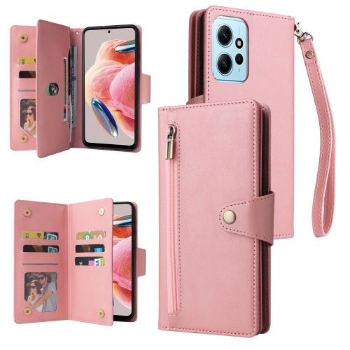 

For Redmi Note 12 4G Rivet Buckle 9 Cards Three Fold Leather Phone Case(Rose Gold)