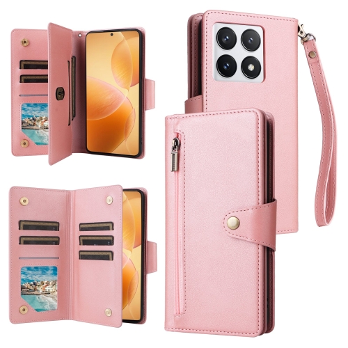 

For Xiaomi 14T Pro Global Rivet Buckle 9 Cards Three Fold Leather Phone Case(Rose Gold)