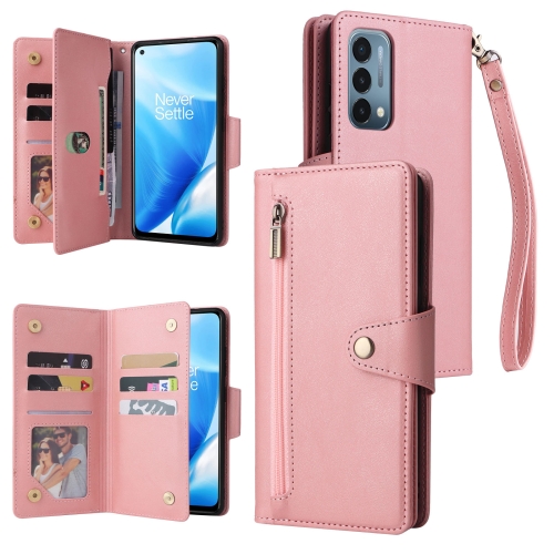 

For OnePlus Nord 200 5G Rivet Buckle 9 Cards Three Fold Leather Phone Case(Rose Gold)