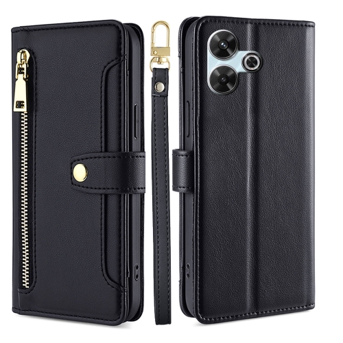 

For Redmi 13 4G Sheep Texture Cross-body Zipper Wallet Leather Phone Case(Black)