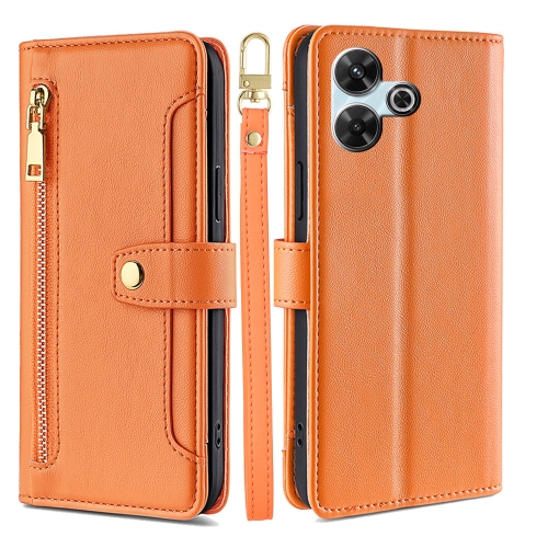 

For Redmi 13 4G Sheep Texture Cross-body Zipper Wallet Leather Phone Case(Orange)