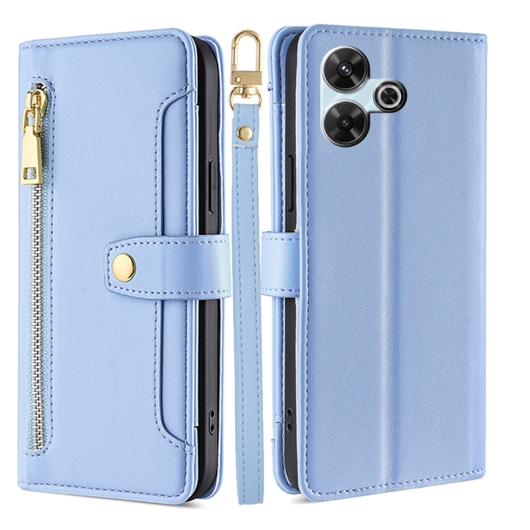

For Redmi 13 4G Sheep Texture Cross-body Zipper Wallet Leather Phone Case(Blue)