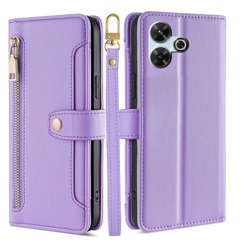 

For Redmi 13 4G Sheep Texture Cross-body Zipper Wallet Leather Phone Case(Purple)