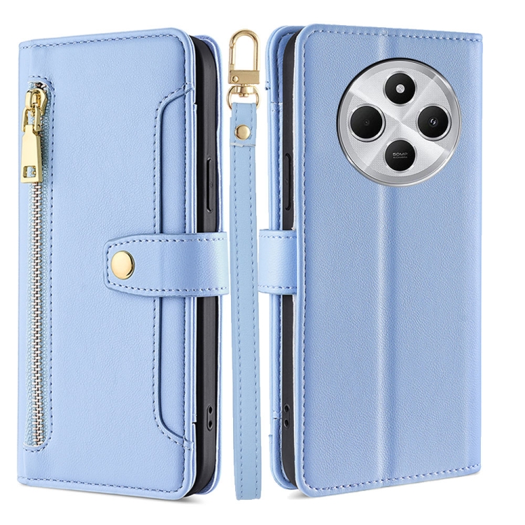 

For Redmi 14C 4G Sheep Texture Cross-body Zipper Wallet Leather Phone Case(Blue)