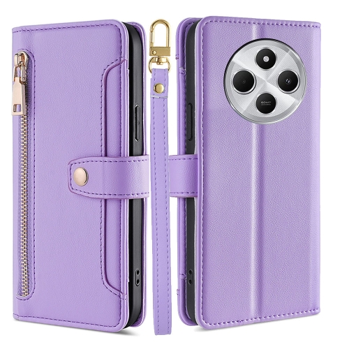 

For Redmi 14C 4G Sheep Texture Cross-body Zipper Wallet Leather Phone Case(Purple)