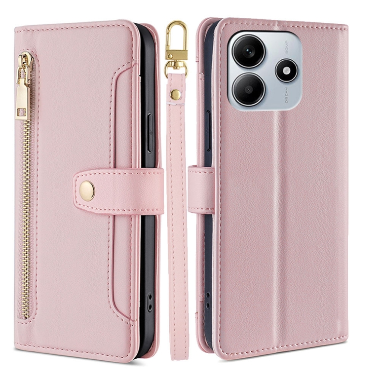 

For Redmi Note 14 5G Sheep Texture Cross-body Zipper Wallet Leather Phone Case(Pink)