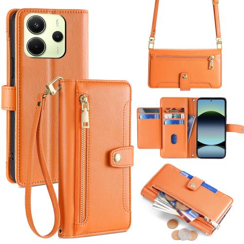 

For Redmi Note 14 4G 163.25mm Sheep Texture Cross-body Zipper Wallet Leather Phone Case(Orange)