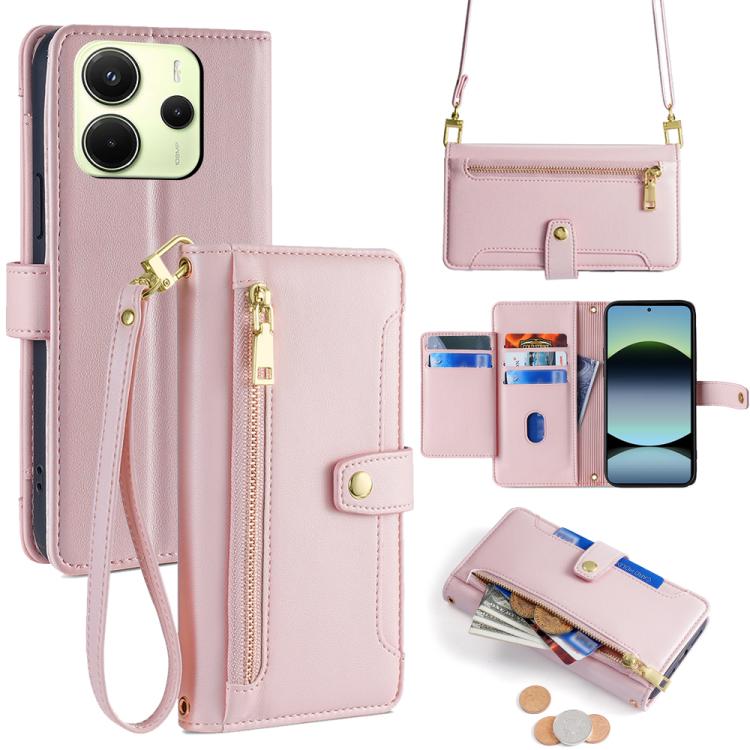 

For Redmi Note 14 4G 163.25mm Sheep Texture Cross-body Zipper Wallet Leather Phone Case(Pink)
