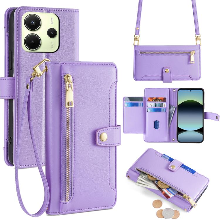 

For Redmi Note 14 4G 163.25mm Sheep Texture Cross-body Zipper Wallet Leather Phone Case(Purple)