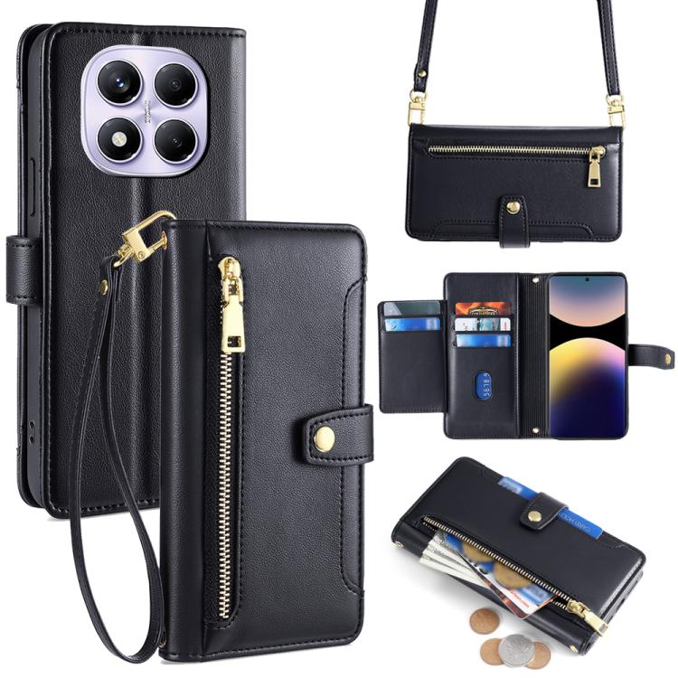 

For Redmi Note 14 Pro 4G Sheep Texture Cross-body Zipper Wallet Leather Phone Case(Black)