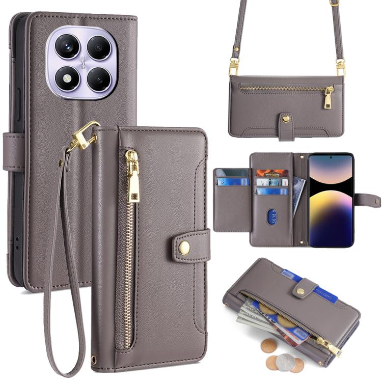 

For Redmi Note 14 Pro 4G Sheep Texture Cross-body Zipper Wallet Leather Phone Case(Grey)
