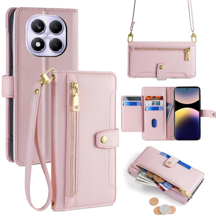 

For Redmi Note 14 Pro 4G Sheep Texture Cross-body Zipper Wallet Leather Phone Case(Pink)