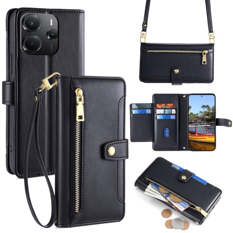 

For Redmi Note 14 4G 164.84mm Sheep Texture Cross-body Zipper Wallet Leather Phone Case(Black)