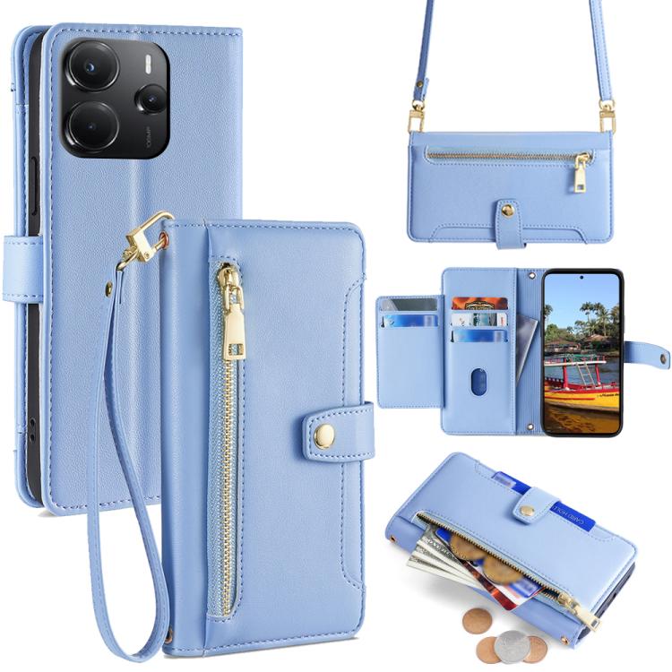 

For Redmi Note 14 4G 164.84mm Sheep Texture Cross-body Zipper Wallet Leather Phone Case(Blue)