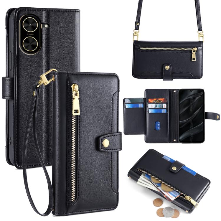 

For Redmi A5 4G 171.7mm Sheep Texture Cross-body Zipper Wallet Leather Phone Case(Black)