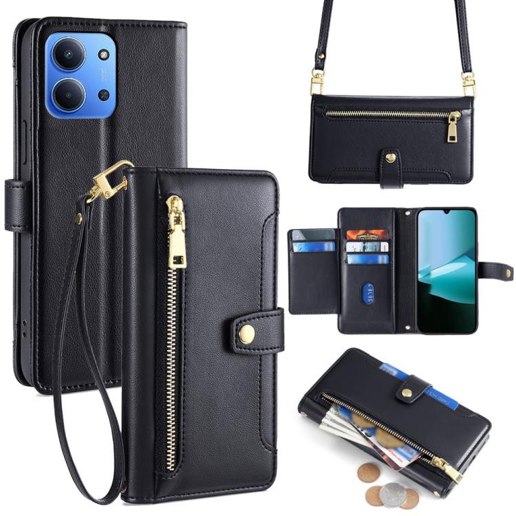 

For Redmi 15C 5G / 4G Global 171mm / Poco C85 4G Sheep Texture Cross-body Zipper Wallet Leather Phone Case(Black)