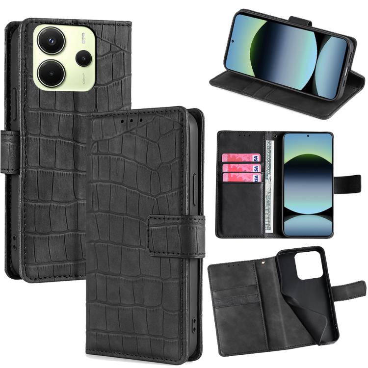 

For Redmi Note 14 4G 163.25mm Skin Feel Crocodile Magnetic Clasp Leather Phone Case(Black)