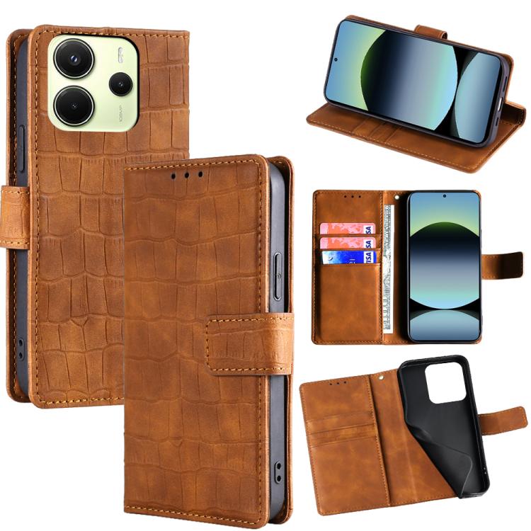 

For Redmi Note 14 4G 163.25mm Skin Feel Crocodile Magnetic Clasp Leather Phone Case(Brown)