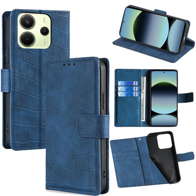 

For Redmi Note 14 4G 163.25mm Skin Feel Crocodile Magnetic Clasp Leather Phone Case(Blue)