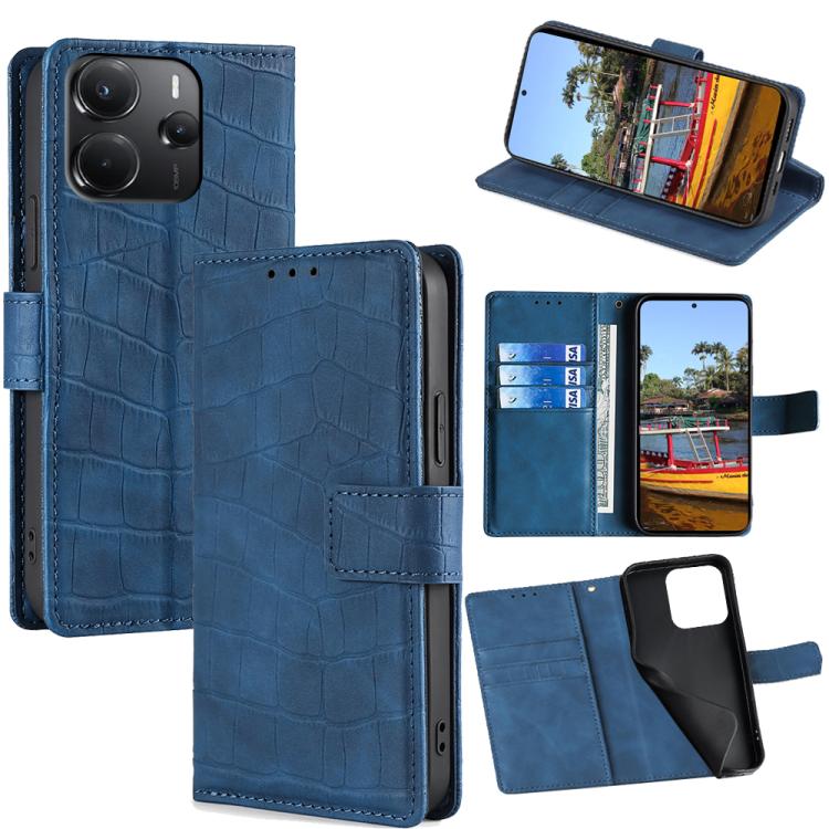

For Redmi Note 14 4G 164.84mm Skin Feel Crocodile Magnetic Clasp Leather Phone Case(Blue)