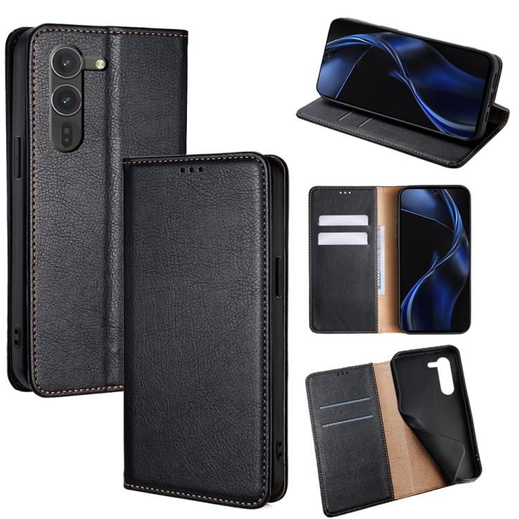 

For Fujitsu Arrows Alpha F-51F Gloss Oil Solid Color Magnetic Leather Phone Case(Black)