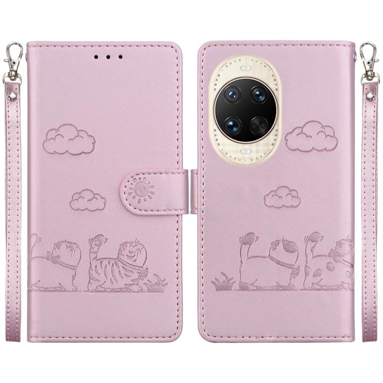 

For Huawei nova 14 Ultra Cute Cats RFID Leather Phone Case(Rose Gold)