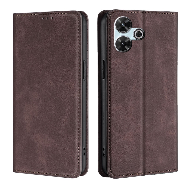 

For Redmi 13 4G Skin Feel Magnetic Leather Phone Case(Dark Brown)