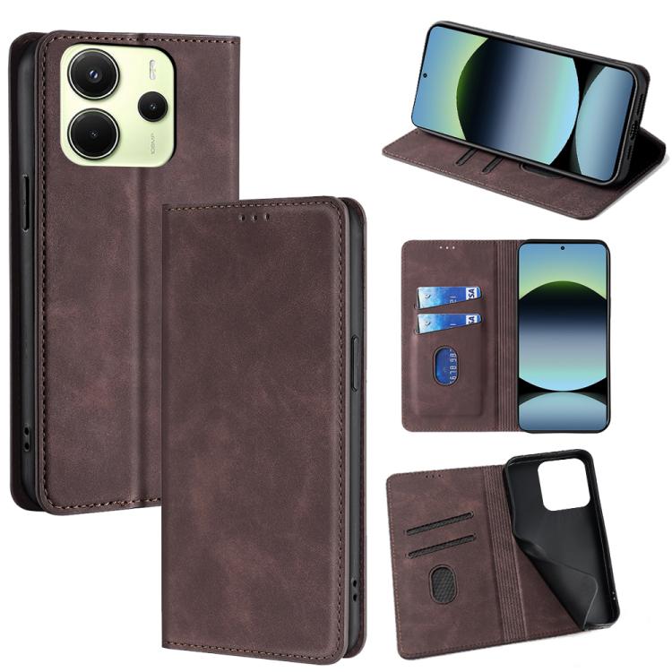

For Redmi Note 14 4G 163.25mm Skin Feel Magnetic Leather Phone Case(Dark Brown)