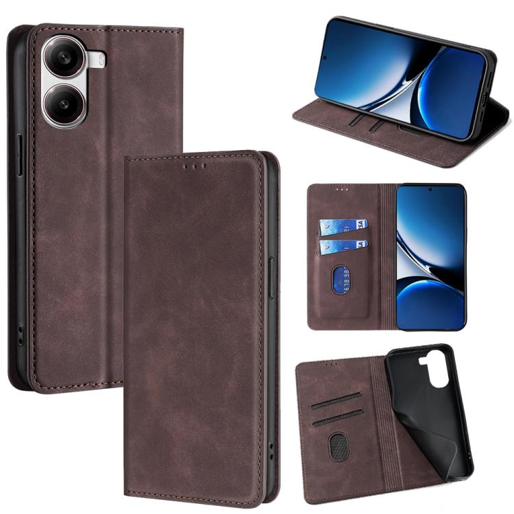 

For Redmi Turbo 4 Skin Feel Magnetic Leather Phone Case(Dark Brown)