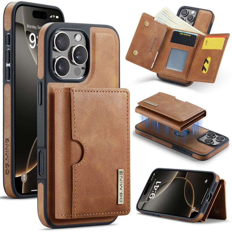 

For iPhone 16 Pro Max DG.MING M6 Series RFID Tri-fold Card Bag Removable Leather Phone Case(Brown)