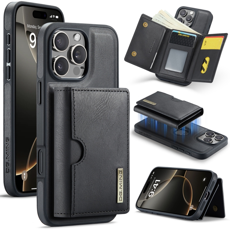 

For iPhone 16 Pro DG.MING M6 Series RFID Tri-fold Card Bag Removable Leather Phone Case(Black)