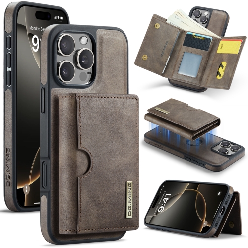 

For iPhone 16 Pro DG.MING M6 Series RFID Tri-fold Card Bag Removable Leather Phone Case(Coffee)